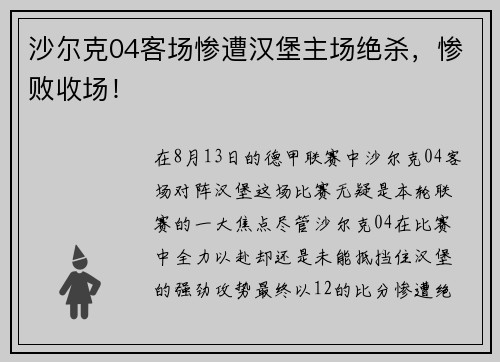 沙尔克04客场惨遭汉堡主场绝杀，惨败收场！